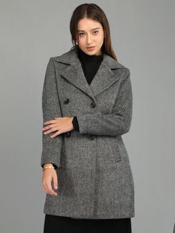 HONNETE - Women's Solid Regular Fit Grey Double Breasted Winter Coat
