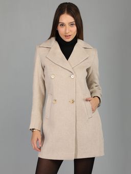HONNETE - Women's Solid Regular Beige Double Breasted Winter Coat