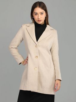 HONNETE - Women's Solid Regular Fit Beige Single Breasted Winter Coat