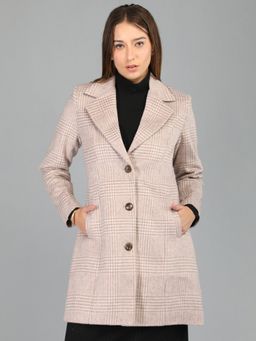 HONNETE - Women's Checks Regular Fit Beige Single Breasted Winter Coat