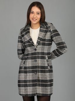 HONNETE - Women's Checks Regular Fit Grey Single Breasted Winter Coat