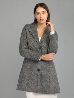 HONNETE - Women's Textured Regular Fit Grey Single Breasted Winter Coat