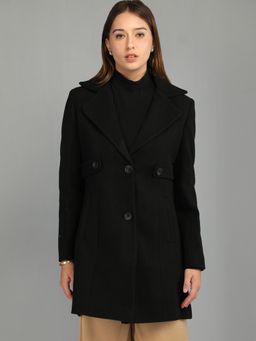 HONNETE - Women's Regular Fit Solid Black Single Breasted Winter Coat