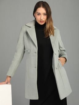 HONNETE - Women's Solid Regular Fit Longline Green Single Breasted Winter Coat