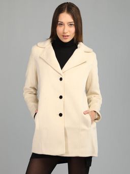 HONNETE - Women's Solid Regular Fit Off White Single Breasted Casual Winter Coat