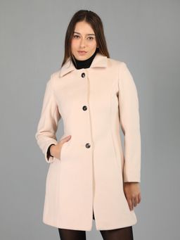 HONNETE - Women's Peach Solid Regular Fit Single Breasted Winter Coat