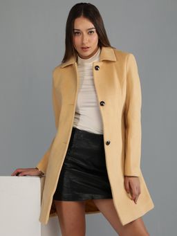 HONNETE - Women's Solid Regular Yellow Single Breasted Casual Winter Coat