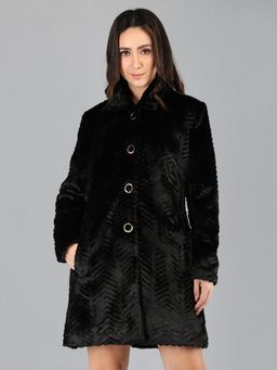 HONNETE - Women's Self Design Regular Fit Black Single Breasted Winter Coat