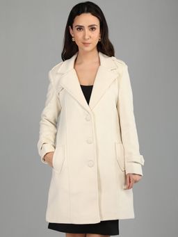 HONNETE - Women's Solid Regular Fit Off White Single Breasted Winter Coat