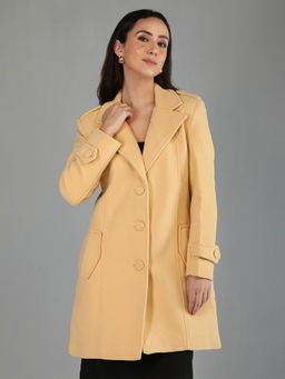 HONNETE - Women's Solid Regular Fit Yellow Single Breasted Winter Coat