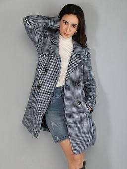 HONNETE - Women's Checks Regular Fit Blue Double Breasted Winter Coat