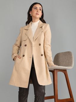 HONNETE - Women's Solid Regular Fit Beige Double Breasted Winter Coat