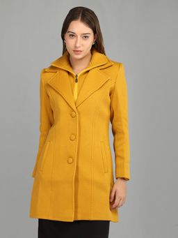 HONNETE - Women's Textured Regular Fit Mustard Single Breasted Winter Coat