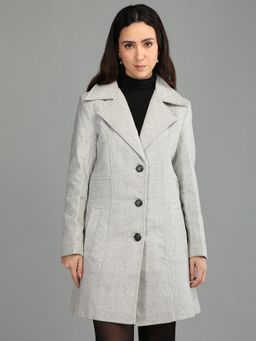 HONNETE - Women's Solid Regular Fit Grey Single Breasted Longline Winter Coat