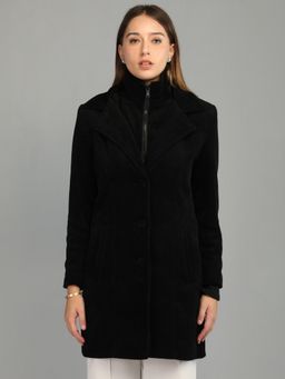 HONNETE - Women's Plain Regular Fit Black Single Breasted Winter Coat