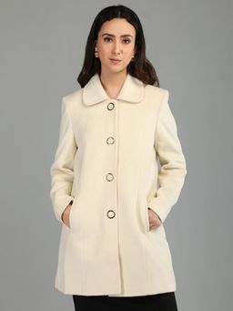 HONNETE - Women's Solid Regular Fit Off White Single Breasted Winter Coat