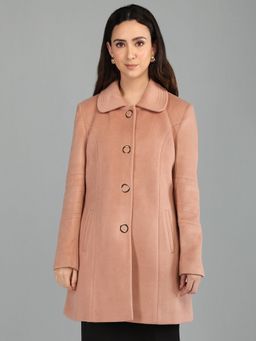 HONNETE - Women's Solid Regular Fit Peach Single Breasted Winter Coat