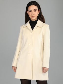 HONNETE - Women's Solid Regular Fit Cream Single Breasted Winter Coat