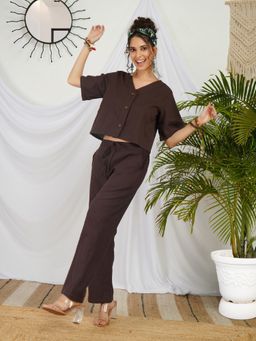 BOHOLYFE - Selesta Mocha Brown Cotton Crop Top with Pant