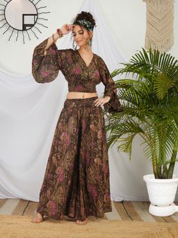 BOHOLYFE - Evelina Mocha Rose Crop Top with Palazzo