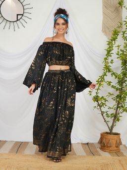 BOHOLYFE - Amarielle Black-Gold Boho Crop Top with Skirt