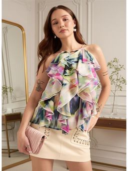 Outzidr - Multi-Color Halter Neck Ruffles Flared Printed Top