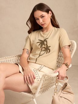 Outzidr - Beige Evening Wear Studded Top