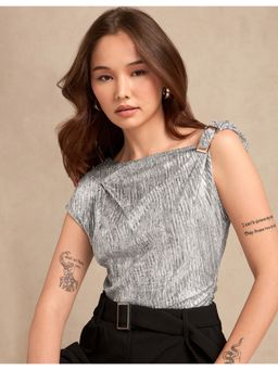 Outzidr - Silver Metallic Textured Twisted Strap Top