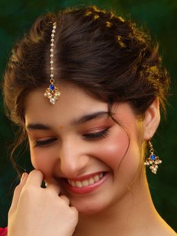 Ruby Raang Studio - Womens Blue Kundan Maan Tikka with Earrings