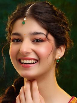 Ruby Raang Studio - Womens Green Kundan Maang Tikka with Earrings