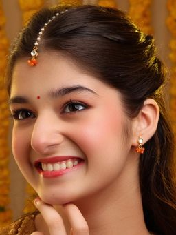 Ruby Raang Studio - Orange Embedded Maang Tikka with Earrings