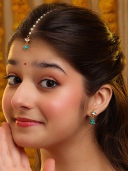 Ruby Raang Studio - Semi-Circle Gold Blue Earrings With Maang Tikka