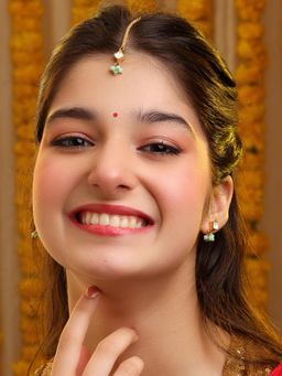 Ruby Raang Studio - Set Of Pastel Green Maang Tikka with Earrings