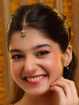 Ruby Raang Studio - Gold-White Earrings with Maang Tikka