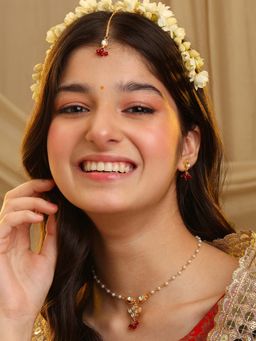 Ruby Raang Studio - Womens Red Kundan Necklace with Earrings and Maang Tikka