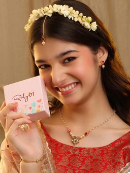 Ruby Raang Studio - Mannat Pink Kundan Necklace with Earrings and Maang Tikka