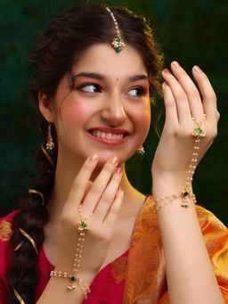 Ruby Raang Studio - Green Aura Kundan Earrings with Maang Tikka and Hand Harness
