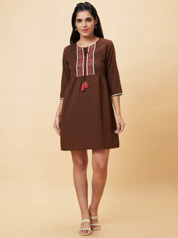 Globus - Women Brown Solid A-line Casual Dress