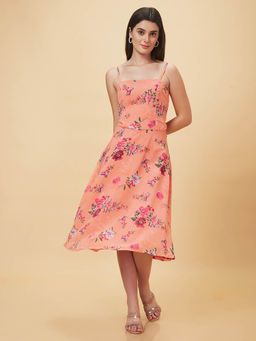 Globus - Women Peach Printed Fit and Flare Casual Dress