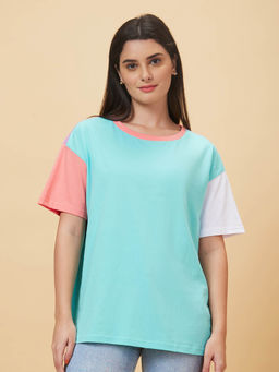 Globus - Women Green Colourblocked Round Neck Casual Boxy Fit T-shirt
