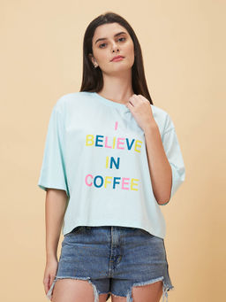 Globus - Women Blue Typography Round Neck Casual Boxy Fit T-shirt