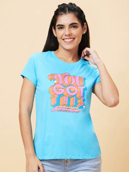 Globus - Women Turquoise Printed Round Neck Casual Regular Fit T-shirt
