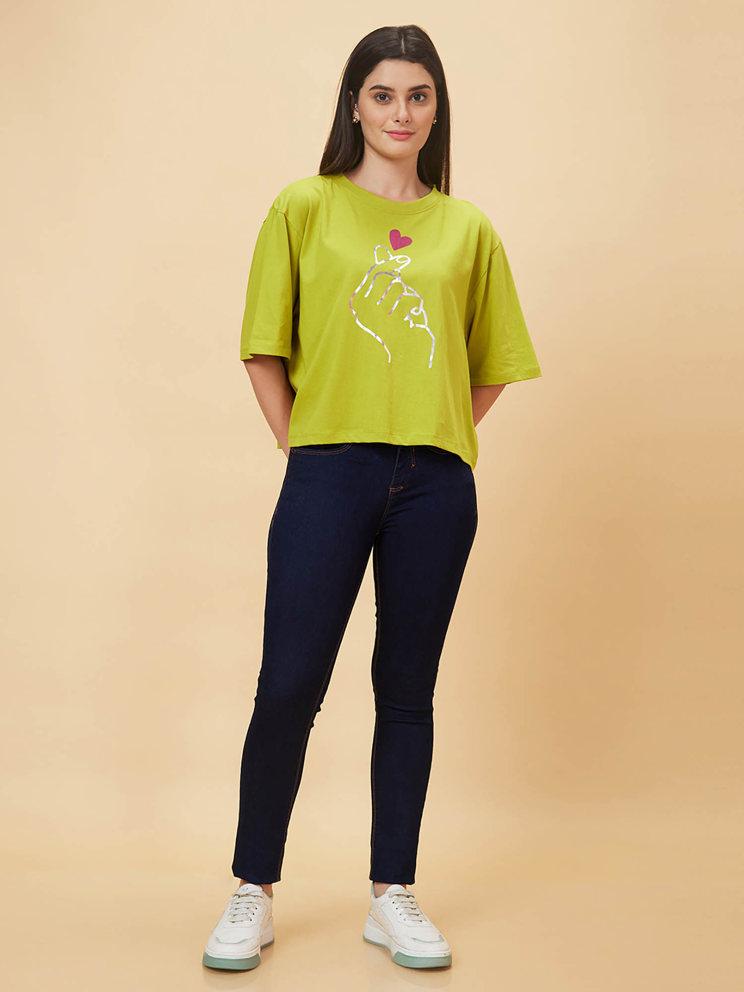 Buy Globus Women Green Drop Shoulder Korean Graphic Printed Oversized  Trendy Crop T-Shirt Online