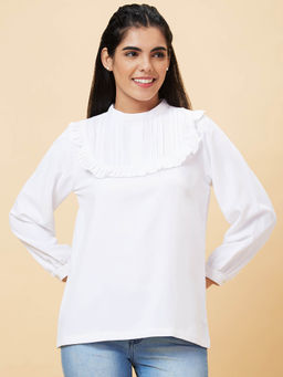 Globus - Women Off White Solid High Neck Casual Top