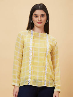 Globus - Women Yellow Checked Round Neck Casual Top with Inner (Set of 2)