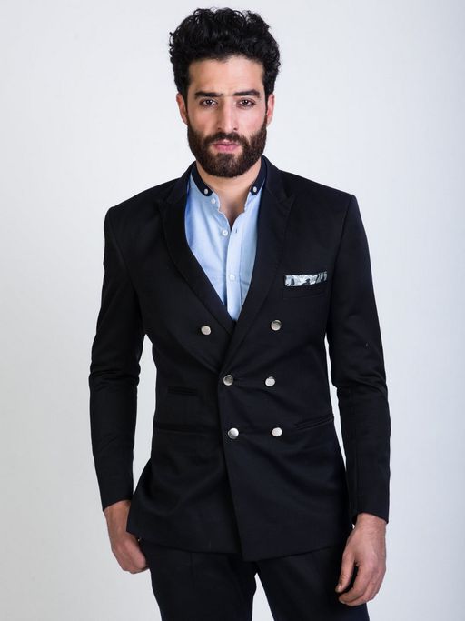 MR BUTTON Men Black Solid Double-Breasted Blazer