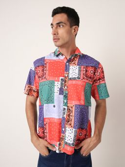 BLNK - Multi-Color Men Multicolor Patch Printed Short Sleeve Casual Shirt