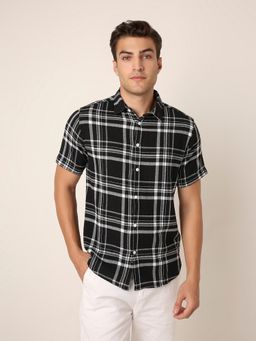 BLNK - Black White and Black Textured Cotton Check Short Sleeve Shirt