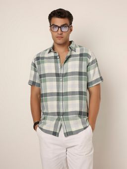 BLNK - Green Men Textured Checkered Cotton Shirt