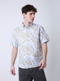 BLNK - Blue Linen Blend Printed Short Sleeve Casual Shirt